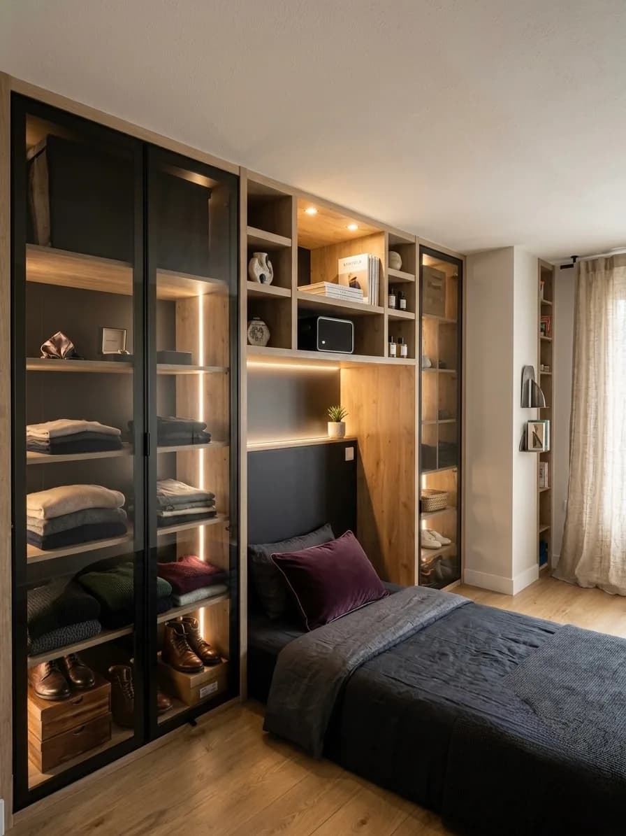 Dressing en chêne à portes vitrées en verre fumé, étagères éclairées par LED, intégré autour d'un lit dans une chambre.