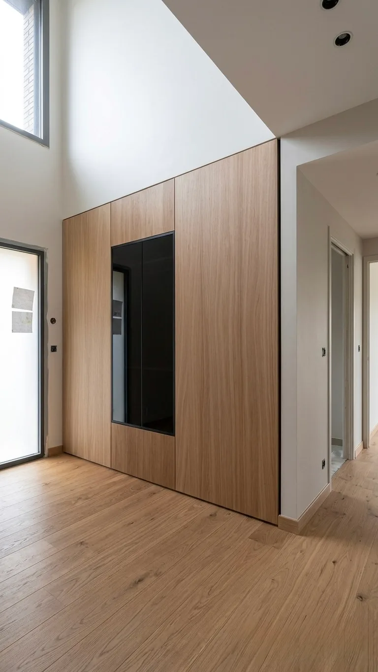 Placard d'entrée toute hauteur en chêne clair avec niche vitrée laquée noire, façades sans poignées