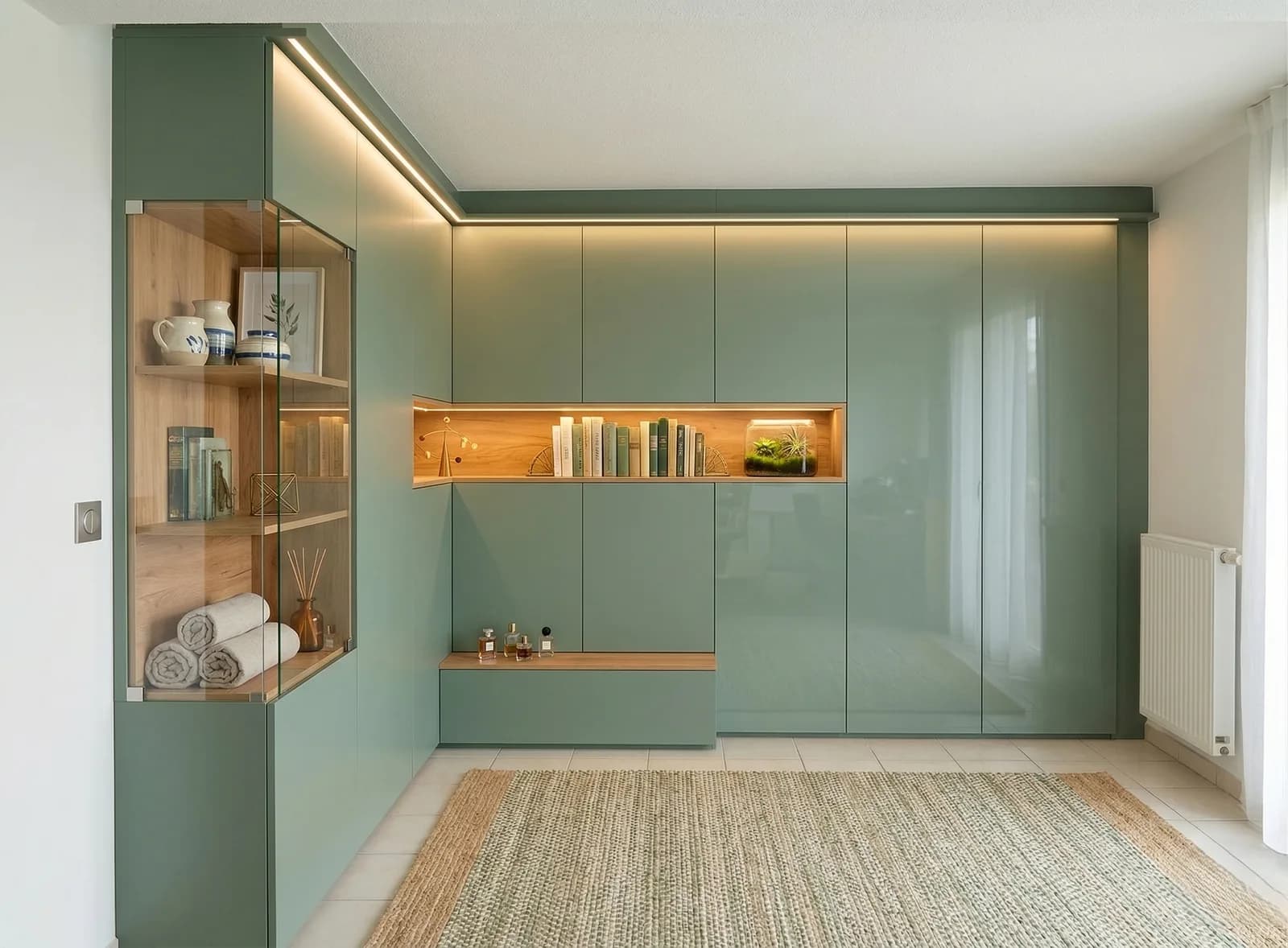 Mur de placards laqués vert sauge avec vitrine d'angle vitrée et niche ouverte en chêne rétroéclairée